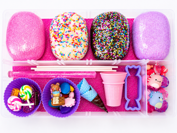 Candyland Playdough Kit a colourful sensory playdough kit with pastel coloured playdough, candy themed accessories and playful tools for imaginative play