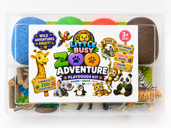 Zoo Land Playdough Kit. Animal themed sensory playdough kit featuring colourful handmade playhdoughj, safari animals, natural loose parts and play tools for creative fine motor and imaginative play.