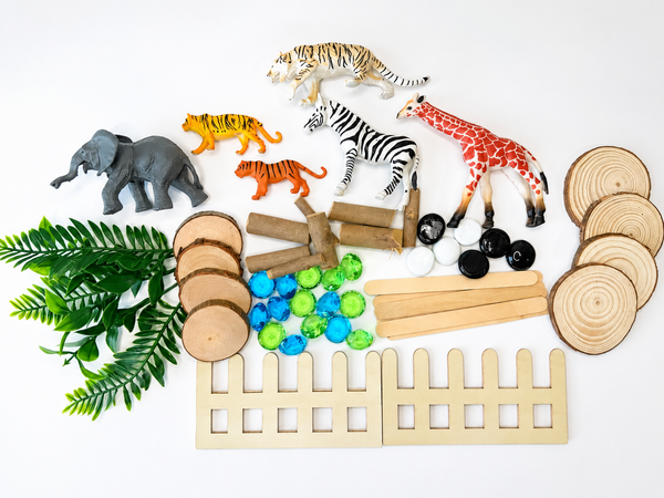 Zoo Land Playdough Kit. Animal themed sensory playdough kit featuring colourful handmade playhdoughj, safari animals, natural loose parts and play tools for creative fine motor and imaginative play.