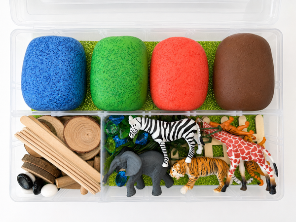 Zoo Land Playdough Kit. Animal themed sensory playdough kit featuring colourful handmade playhdoughj, safari animals, natural loose parts and play tools for creative fine motor and imaginative play.